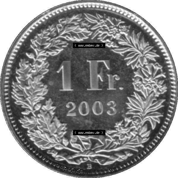 Grau bzw. s/w Alte Münze KMS Schweiz in original Farbgebung vom Scanner transparenten PNG 1983-2018, 1 Franken 2003. Rückseite mit Nominal-Wert der Schweizer Münze, zum katalogisieren... Sammlung Graustufen