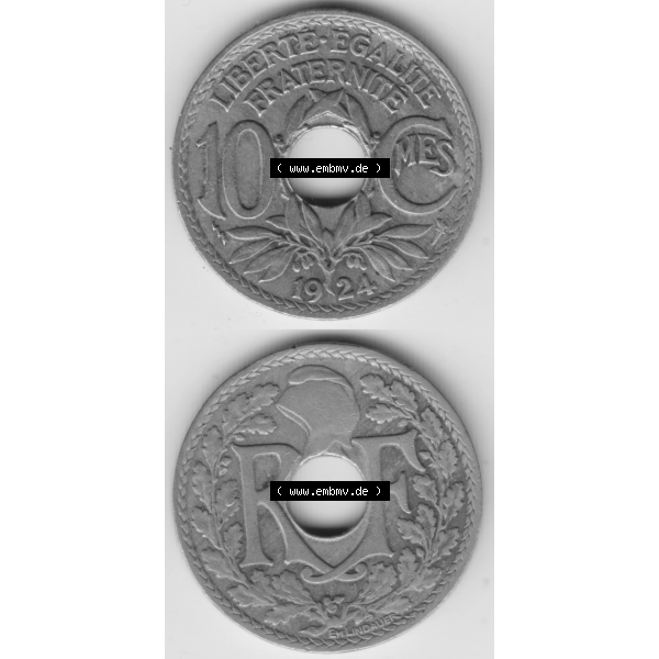 Grau bzw. s/w Münze Frankreich Umlaufmünzen Sammlung in PNG 1917-1938, 10 Centimes, Cent 1924 (4) - Digitales Münzen-Bildmaterial einer französischen Francs Münze aus Frankreich... Sammlung Graustufen
