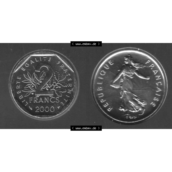 Grau bzw. s/w Münze Frankreich aus KMS Umlaufmünzen Sammlung in PNG 2000, 2 Francs (3) - Digitales Münzen-Bildmaterial einer französischen Francs Münze aus Frankreich aus KMS... Sammlung Graustufen