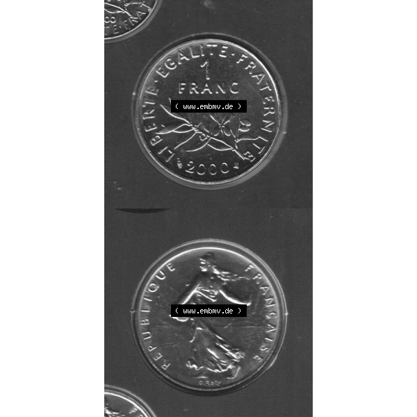 Grau bzw. s/w Münze Frankreich aus KMS Umlaufmünzen Sammlung in PNG 2000, 1 Francs (4) - Digitales Münzen-Bildmaterial einer französischen Francs Münze aus Frankreich aus KMS... Sammlung Graustufen