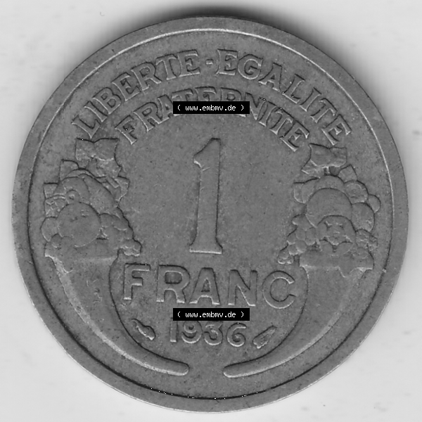Grau bzw. s/w Münze Frankreich Umlaufmünzen Sammlung in PNG 1931-1941, 1 Franken, 1 Franc, 1936-1 LIBERTE EGALITE FRATERNITE (2) - Digitales Münzen-Bildmaterial einer französischen... Sammlung Graustufen