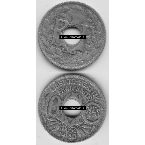 Grau bzw. s/w Münze Frankreich Umlaufmünzen Sammlung in PNG 1917-1938, 10 Centimes - Cmes 1920-2 (4) - Digitales Münzen-Bildmaterial einer französischen Francs Münze aus Frankreich... Sammlung Graustufen