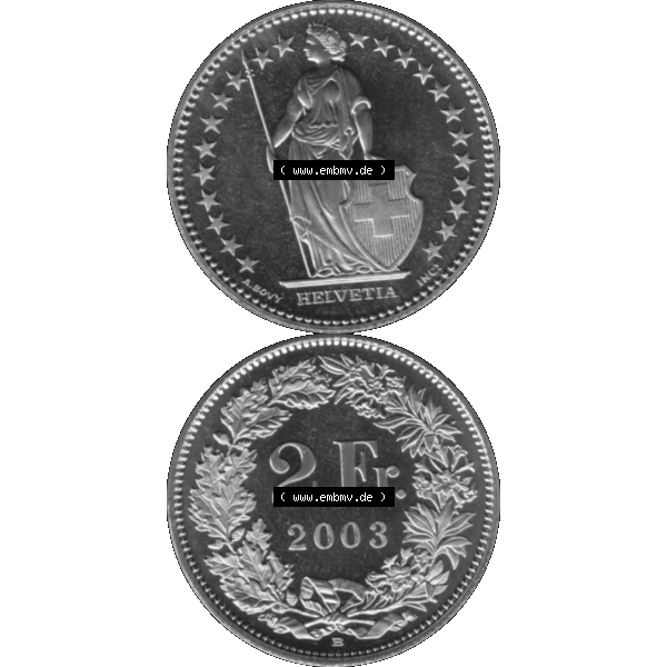 Grau bzw. s/w Alte Münze KMS Schweiz in original Farbgebung vom Scanner transparenten PNG 1983-2018, 2 Franken 2003. Vorderseite und Rückseite der Münze Umlaufmünze / Kursmünze... Sammlung Graustufen