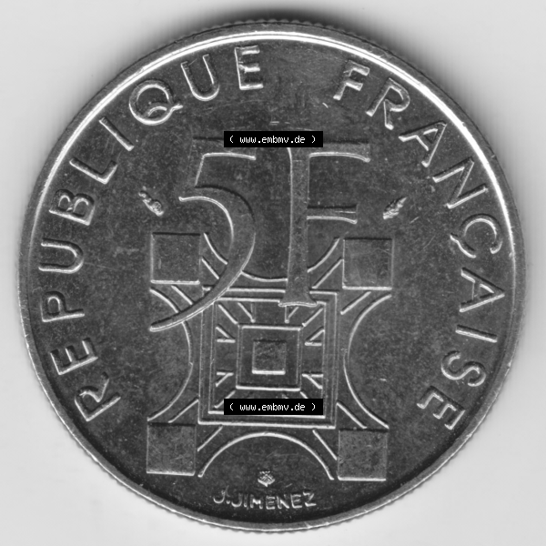 Grau bzw. s/w Münze Frankreich Umlaufmünzen Sammlung in PNG 1989-1989, 5 Francs Franken Eiffelturm (1) - Digitales Münzen-Bildmaterial einer französischen Francs Münze aus Frankreich... Sammlung Graustufen