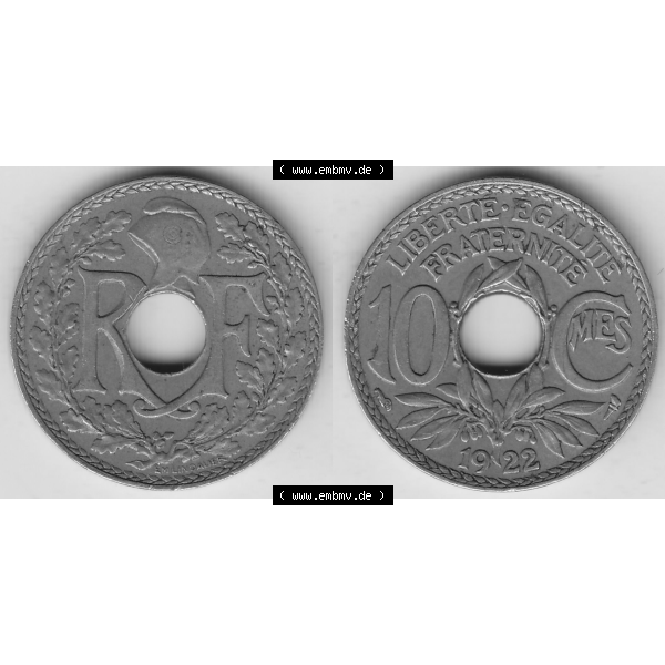 Grau bzw. s/w Münze Frankreich Umlaufmünzen Sammlung in PNG 1917-1938, 10 Centimes, RF - Frankreich 10 CMES EGALITÉ FRATERNITÉ LIBERTÉ 1922-1 (3) - Digitales Münzen-Bildmaterial... Sammlung Graustufen