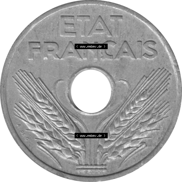 Grau bzw. s/w Münze Frankreich Umlaufmünzen Sammlung in PNG 1941-1941, VINGT 20 Centimes, Cent-01 (6) - Digitales Münzen-Bildmaterial einer französischen Francs Münze aus... Sammlung Graustufen