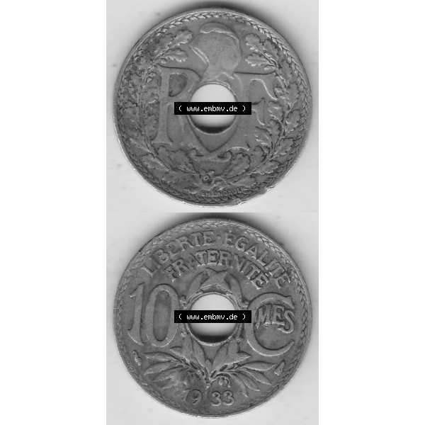 Grau bzw. s/w Münze Frankreich Umlaufmünzen Sammlung in PNG 1917-1938, 10 Centimes, 10 CMES EGALITÉ FRATERNITÉ LIBERTÉ 1933-1 (4) - Digitales Münzen-Bildmaterial... Sammlung Graustufen