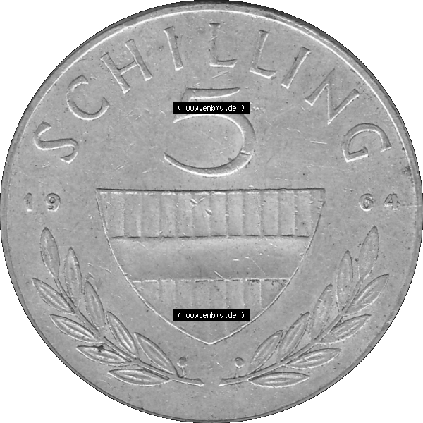Grau bzw. s/w Alte Münze 5 / Fünf Schilling Österreich in original Farbgebung von Scanner transparenten PNG 1960-1968, 5 Fünf Schilling 1964-01, 5,20 Gramm 640er Silber,... Sammlung Graustufen