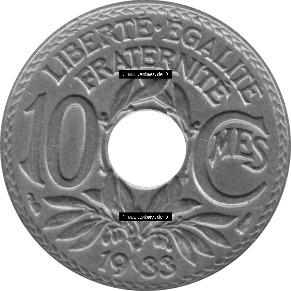 Grau bzw. s/w Münze Frankreich Umlaufmünzen Sammlung in PNG 1917-1938, 10 Centimes, Cent 1933-01 (5) - Digitales Münzen-Bildmaterial einer französischen Francs Münze aus... Sammlung Graustufen