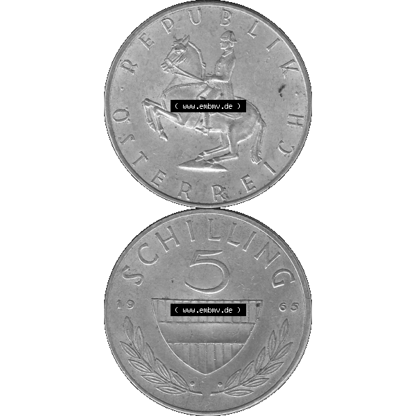 Grau bzw. s/w Alte Münze 5 / Fünf Schilling Österreich in original Farbgebung von Scanner transparenten PNG 1960-1968, 5 Fünf Schilling 1965-01, 5,20 Gramm 640er Silber,... Sammlung Graustufen