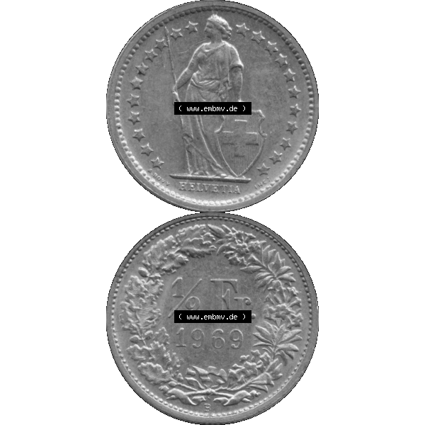Grau bzw. s/w Alte Münze Schweiz in original Farbgebung vom Scanner transparenten PNG 1968-1982, 1/2 (halber) Franken B 1969-03. Vorderseite und Rückseite der Münze Umlaufmünze... Sammlung Graustufen