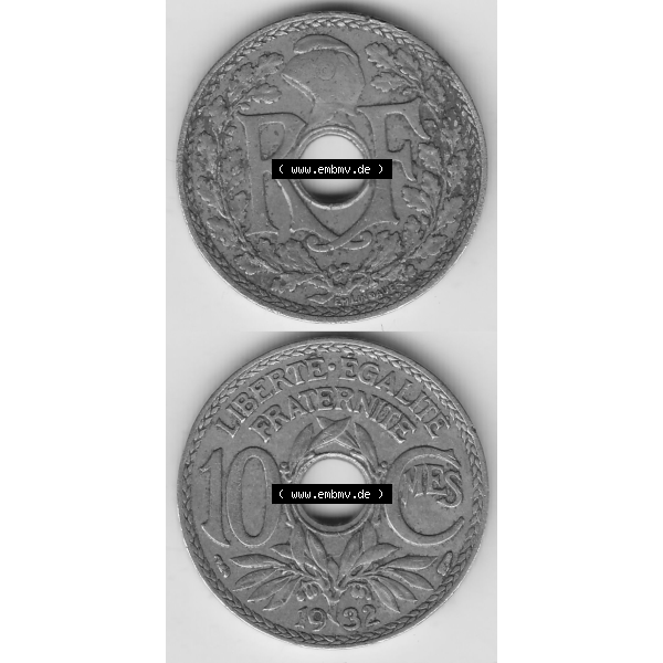 Grau bzw. s/w Münze Frankreich Umlaufmünzen Sammlung in PNG 1917-1938, 10 Centimes - Cmes 1932 (4) - Digitales Münzen-Bildmaterial einer französischen Francs Münze aus Frankreich... Sammlung Graustufen