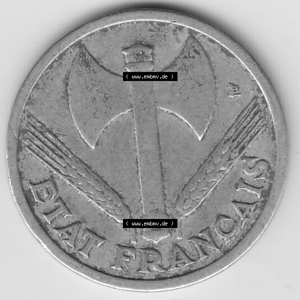 Grau bzw. s/w Münze Frankreich Umlaufmünzen Sammlung in PNG 1942-1944, 1 Franken - Francs 1943-1 (1) - Digitales Münzen-Bildmaterial einer französischen Francs Münze aus Frankreich... Sammlung Graustufen