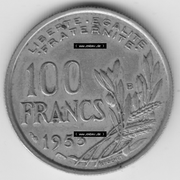 Grau bzw. s/w Münze Frankreich Umlaufmünzen Sammlung in PNG 1954-1958; 100 Francs, Franken Typ I. 1955 (1) - Digitales Münzen-Bildmaterial einer französischen Francs Münze... Sammlung Graustufen