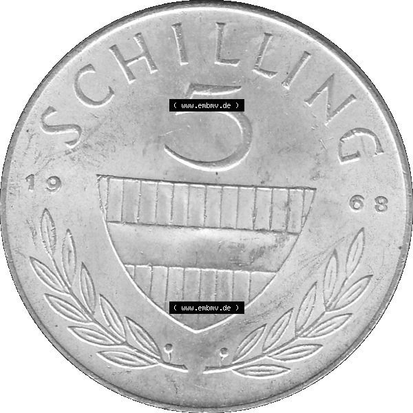 Grau bzw. s/w Alte Münze 5 / Fünf Schilling Österreich in original Farbgebung von Scanner transparenten PNG 1960-1968, 5 Fünf Schilling 1968-01, 5,20 Gramm 640er Silber,... Sammlung Graustufen