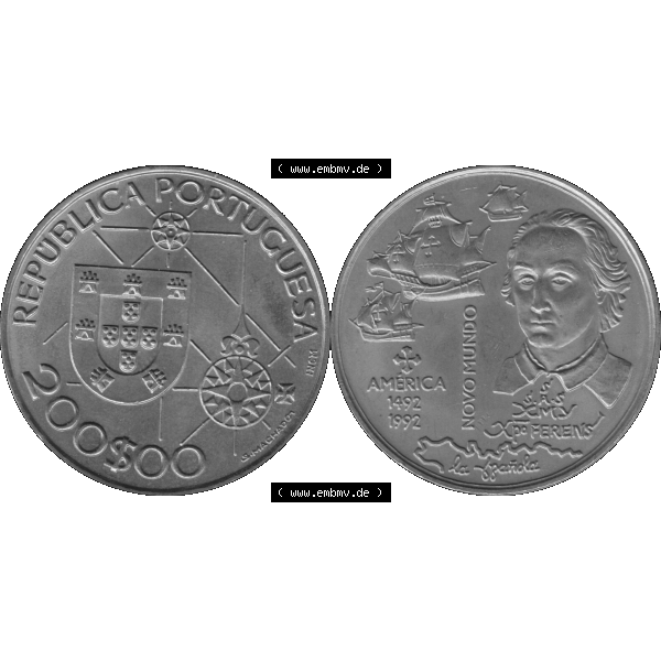 Grau bzw. s/w Alte Gedenkmünze aus Portugal als PNG-Grafik 1992, 200 Escudos, America 1492, Novomundo, Xpo Perens. Vorderseite und Rückseite auf einen Bild/Foto der portugiesischen... Sammlung Graustufen