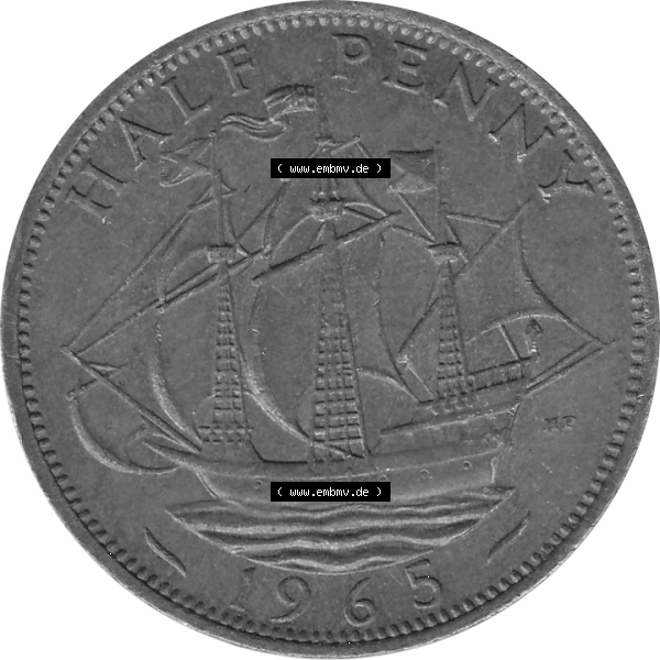 Grau bzw. s/w Münzen Großbritannien Umlaufmünzen Sammlung in PNG Großbritannien 1954-1970, Half Penny, Halber Pence 1965-01, Elisabeth II. (6) - Digitales Münzen-Bildmaterial... Sammlung Graustufen