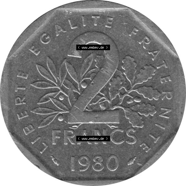 Grau bzw. s/w Münze Frankreich Umlaufmünzen Sammlung in PNG 1979-2001, 2 Francs Säerin Semeuse 1980-01 (5) - Digitales Münzen-Bildmaterial einer französischen Francs Münze... Sammlung Graustufen