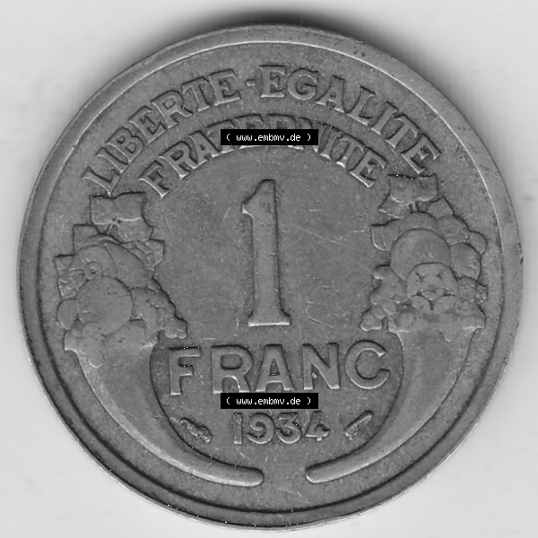 Grau bzw. s/w Münze Frankreich Umlaufmünzen Sammlung in PNG 1931-1941, 1 Franken, 1 Franc, 1934-1 LIBERTE EGALITE FRATERNITE (2) - Digitales Münzen-Bildmaterial einer französischen... Sammlung Graustufen