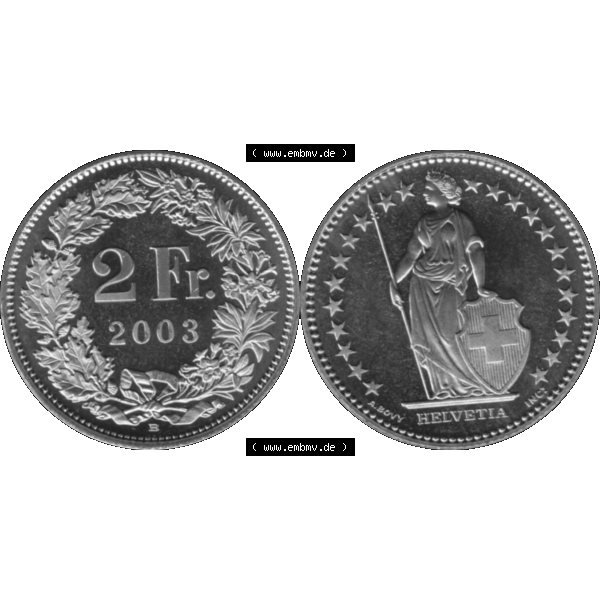 Grau bzw. s/w Alte Münze KMS Schweiz in original Farbgebung vom Scanner transparenten PNG 1983-2018, 2 Franken 2003. Erst die Rückseite Links und dann die Vorderseite Rechts der Münze aus... Sammlung Graustufen