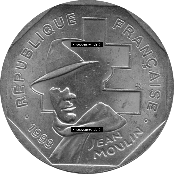 Grau bzw. s/w Münze Frankreich Umlaufmünzen Sammlung in PNG 1993-1993, 2 Francs Jean Moulin 1993-01 (6) - Digitales Münzen-Bildmaterial einer französischen Francs Münze aus Frankreich... Sammlung Graustufen