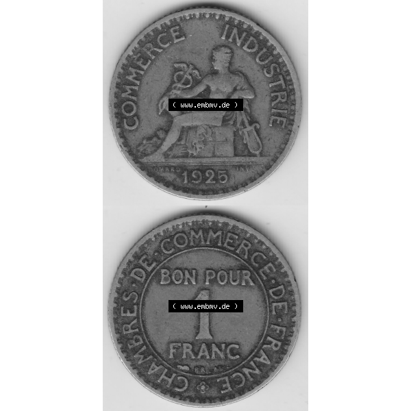 Grau bzw. s/w Münze Frankreich Umlaufmünzen Sammlung in PNG 1920-1927, 1 Franken BON POUR 1 FRANC 1925 (4) - Digitales Münzen-Bildmaterial einer französischen Francs Münze aus... Sammlung Graustufen