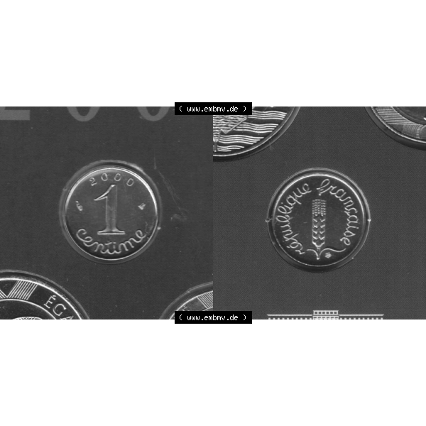 Grau bzw. s/w Münze Frankreich Umlaufmünzen Sammlung in PNG 2000, 1 Centime (3) - Digitales Münzen-Bildmaterial einer französischen Francs Münze aus Frankreich in farbige mit... Sammlung Graustufen
