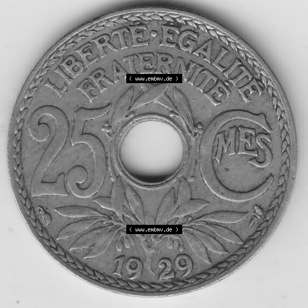 Grau bzw. s/w Münze Frankreich Umlaufmünzen Sammlung in PNG 1917-1937, 25 Cmes, Centimes 1929-1 LIBERTE EGALITE FRATERNITE (2) - Digitales Münzen-Bildmaterial einer französischen... Sammlung Graustufen