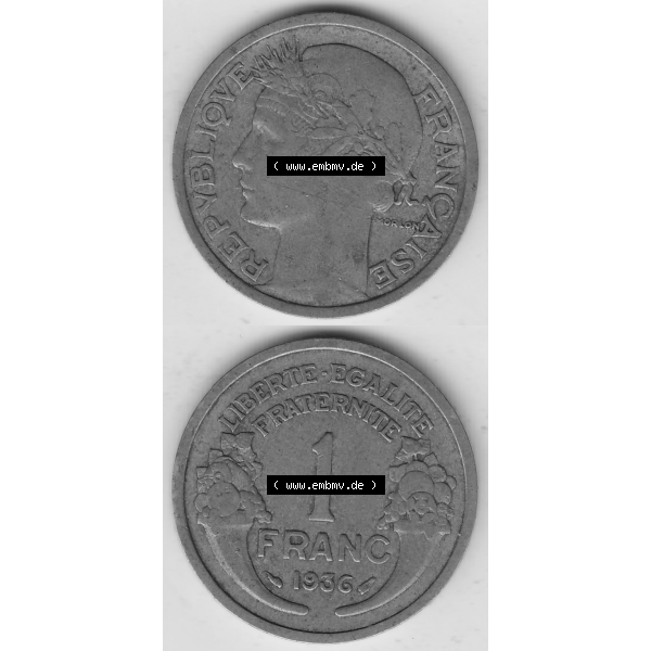 Grau bzw. s/w Münze Frankreich Umlaufmünzen Sammlung in PNG 1931-1941, 1 Franken, 1 Franc, 1936-1 LIBERTE EGALITE FRATERNITE (4) - Digitales Münzen-Bildmaterial einer französischen... Sammlung Graustufen