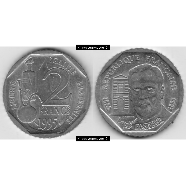 Grau bzw. s/w Münze Frankreich Umlaufmünzen Sammlung in PNG 1995-1995, 2 France Louis Rasteur (3) - Digitales Münzen-Bildmaterial einer französischen Francs Münze aus Frankreich... Sammlung Graustufen