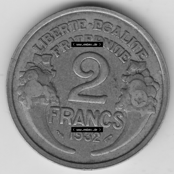 Grau bzw. s/w Münze Frankreich Umlaufmünzen Sammlung in PNG 1931-1941, 2 Franken 1932-2 LIBERTE EGALITE FRATERNITE (2) - Digitales Münzen-Bildmaterial einer französischen Francs Münze... Sammlung Graustufen