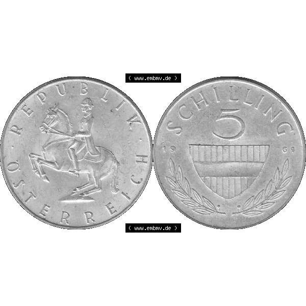 Grau bzw. s/w Alte Münze 5 / Fünf Schilling Österreich in original Farbgebung von Scanner transparenten PNG 1960-1968, 5 Fünf Schilling 1961-01, 5,20 Gramm 640er Silber,... Sammlung Graustufen