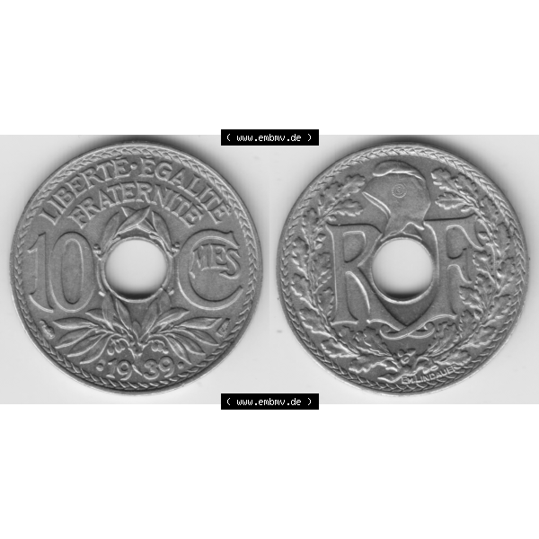 Grau bzw. s/w Münze Frankreich Umlaufmünzen Sammlung in PNG 1938-1939, 10 Centimes, Cent 1939 (3) - Digitales Münzen-Bildmaterial einer französischen Francs Münze aus Frankreich... Sammlung Graustufen