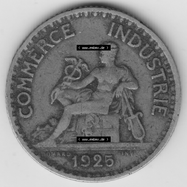 Grau bzw. s/w Münze Frankreich Umlaufmünzen Sammlung in PNG 1920-1927, 1 Franken BON POUR 1 FRANC 1925 (1) - Digitales Münzen-Bildmaterial einer französischen Francs Münze aus... Sammlung Graustufen