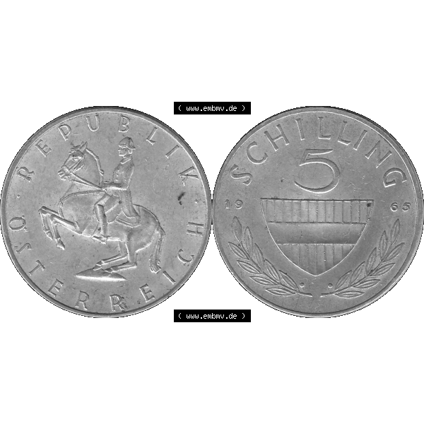 Grau bzw. s/w Alte Münze 5 / Fünf Schilling Österreich in original Farbgebung von Scanner transparenten PNG 1960-1968, 5 Fünf Schilling 1965-01, 5,20 Gramm 640er Silber,... Sammlung Graustufen