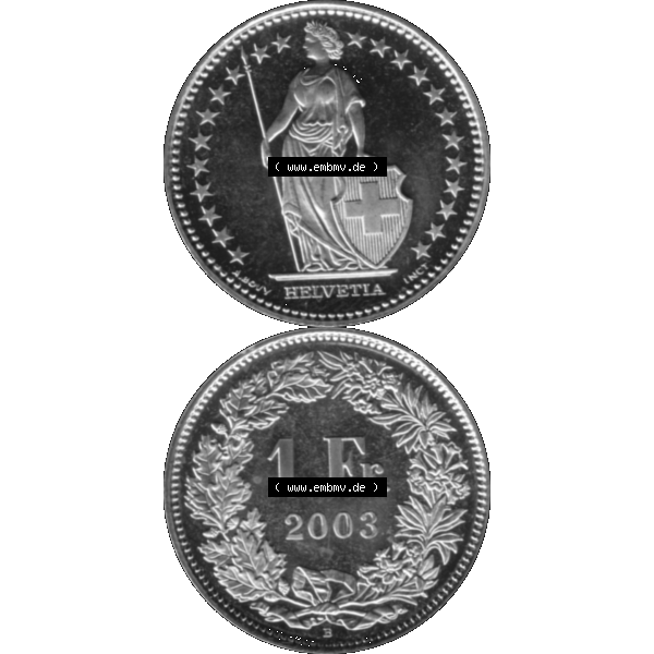 Grau bzw. s/w Alte Münze KMS Schweiz in original Farbgebung vom Scanner transparenten PNG 1983-2018, 1 Franken 2003. Vorderseite und Rückseite der Münze Umlaufmünze / Kursmünze... Sammlung Graustufen