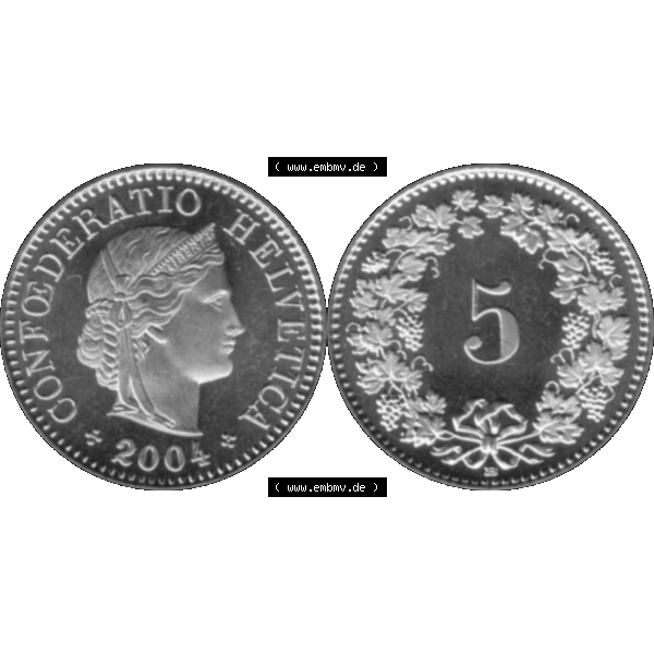 Grau bzw. s/w Alte Münze KMS Schweiz in original Farbgebung vom Scanner transparenten PNG 1979-2018, 5 Rappen 2004. Vorderseite und Rückseite der Münze aus der Schweiz horizontal auf einen... Sammlung Graustufen