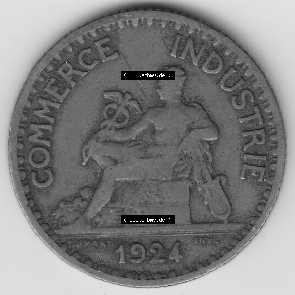 Grau bzw. s/w Münze Frankreich Umlaufmünzen Sammlung in PNG 1920-1927, 1 Franken BON POUR 1 FRANC 1924-1 (1) - Digitales Münzen-Bildmaterial einer französischen Francs Münze... Sammlung Graustufen