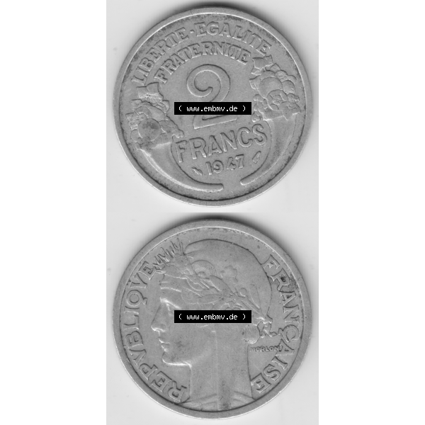 Grau bzw. s/w Münze Frankreich Umlaufmünzen Sammlung in PNG 1941-1959, 2 Francs, Franken 1947 (4) - Digitales Münzen-Bildmaterial einer französischen Francs Münze aus Frankreich... Sammlung Graustufen