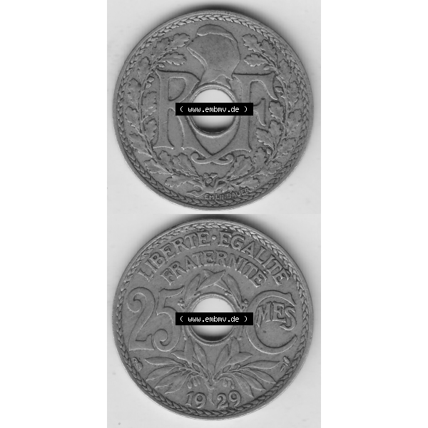 Grau bzw. s/w Münze Frankreich Umlaufmünzen Sammlung in PNG 1917-1937, 25 Cmes, Centimes 1929-1 LIBERTE EGALITE FRATERNITE (4) - Digitales Münzen-Bildmaterial einer französischen... Sammlung Graustufen