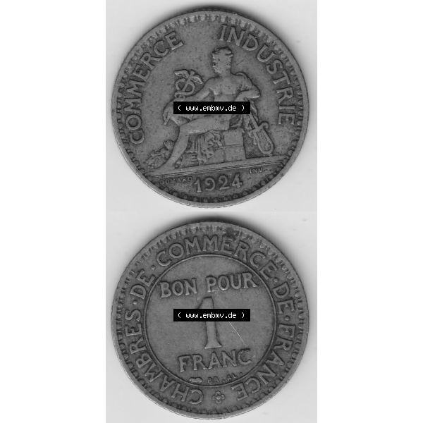 Grau bzw. s/w Münze Frankreich Umlaufmünzen Sammlung in PNG 1920-1927, 1 Franken BON POUR 1 FRANC 1924-2 (4) - Digitales Münzen-Bildmaterial einer französischen Francs Münze... Sammlung Graustufen