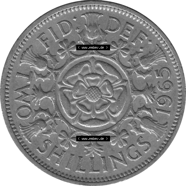 Grau bzw. s/w Münzen Großbritannien Umlaufmünzen Sammlung in PNG Großbritannien 1954-1970, 2 Schilling-Florin, Two Shillings, 1965-01 ELIZABETH II DEI GRATIA REGINA (6)... Sammlung Graustufen