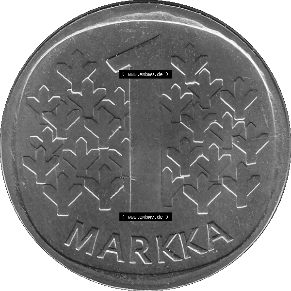Grau bzw. s/w Alte Münzen KMS Finnland, Kursmünzensatz 1980 in Stempelglanz als digitales Computerbild in transparenten PNG 1969-1993, 1 Markka, Eine finnische Mark 1980-01, SUOMEN... Sammlung Graustufen