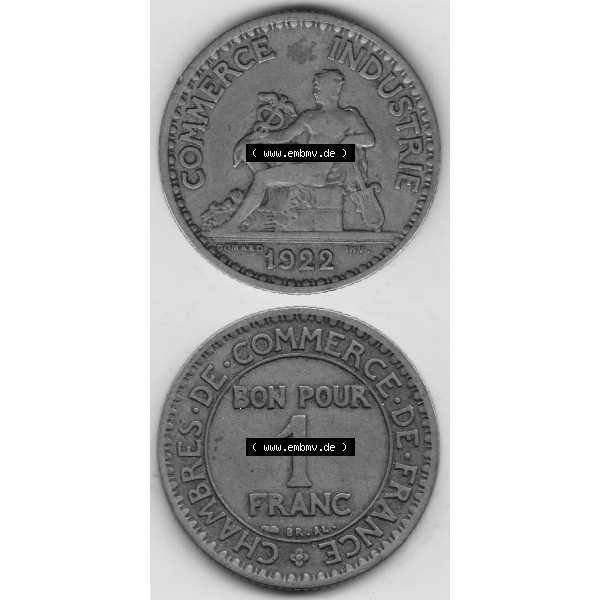 Grau bzw. s/w Münze Frankreich Umlaufmünzen Sammlung in PNG 1922-1927, 1 Franken, BON POUR One Franc, 1922-1 CHAMBRES DE COMMERCE DE FRANCE (4) - Digitales Münzen-Bildmaterial... Sammlung Graustufen