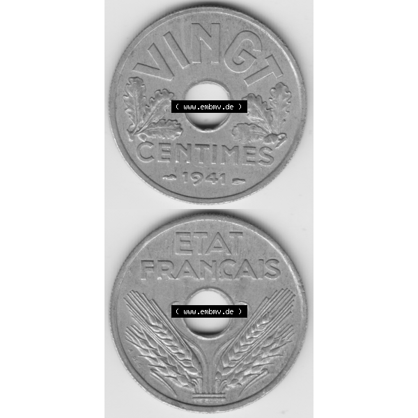 Grau bzw. s/w Münze Frankreich Umlaufmünzen Sammlung in PNG 1941-1941, VINGT 20 Centimes, Cent (4) - Digitales Münzen-Bildmaterial einer französischen Francs Münze aus... Sammlung Graustufen