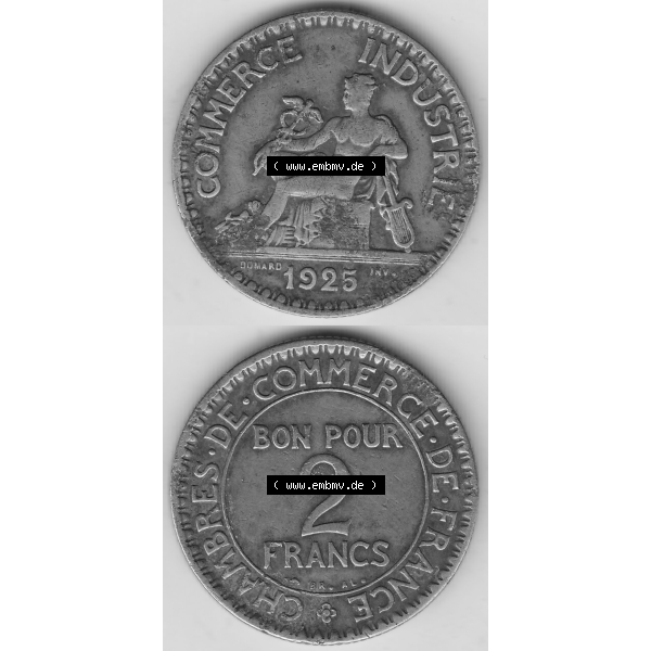 Grau bzw. s/w Münze Frankreich Umlaufmünzen Sammlung in PNG 1920-1927, 2 Franken 1925-1, BON POUR 2 FRANCS CHAMBRES DE COMMERCE DE FRANCE (4) - Digitales Münzen-Bildmaterial einer... Sammlung Graustufen