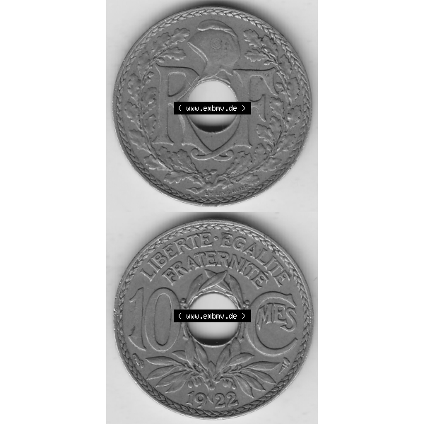 Grau bzw. s/w Münze Frankreich Umlaufmünzen Sammlung in PNG 1917-1938, 10 Centimes, RF - Frankreich 10 CMES EGALITÉ FRATERNITÉ LIBERTÉ 1922-1 (4) - Digitales Münzen-Bildmaterial... Sammlung Graustufen
