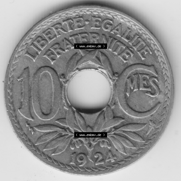 Grau bzw. s/w Münze Frankreich Umlaufmünzen Sammlung in PNG 1917-1938, 10 Centimes, Cent 1924 (1) - Digitales Münzen-Bildmaterial einer französischen Francs Münze aus Frankreich... Sammlung Graustufen