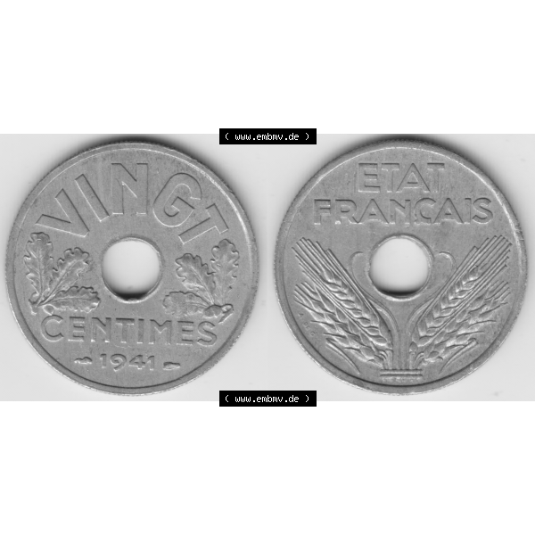 Grau bzw. s/w Münze Frankreich Umlaufmünzen Sammlung in PNG 1941-1941, VINGT 20 Centimes, Cent (3) - Digitales Münzen-Bildmaterial einer französischen Francs Münze aus... Sammlung Graustufen