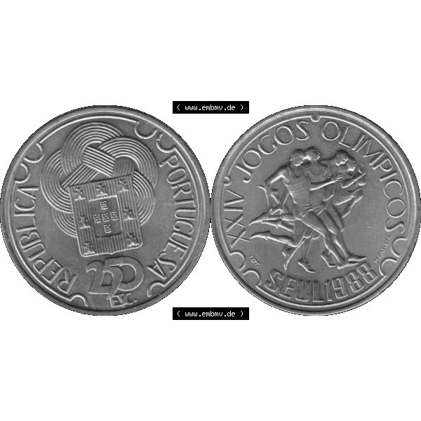 Grau bzw. s/w Alte Gedenkmünze aus Portugal als PNG-Grafik 1988, 250 Escudos, XXIV Jogos Olimpicos Seul 1988, Olympiade. Vorderseite und Rückseite auf einen Bild/Foto der portugiesischen... Sammlung Graustufen